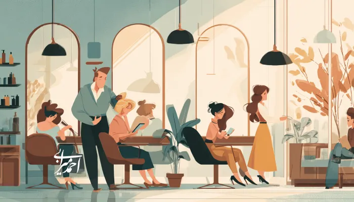 محیط پویا و شلوغ یک سالن زیبایی که در آن مشتریان و کارکنان در تعامل‌اند؛ نمونه‌ای از کسب‌وکارهای آرایشی که با تعریف ستاره شمالی فروش (NSP) می‌توانند تجربه مشتری و فروش را متحول کنند.