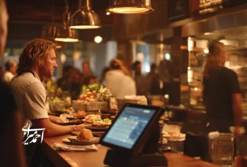 پیشخوان یک رستوران شلوغ که کارکنان و مشتریان در حال تعامل‌اند؛ نشان‌دهنده نیاز کسب‌وکارهای غذایی به تعیین ستاره شمالی فروش (NSP) برای افزایش سود و بهینه‌سازی مسیر فروش.