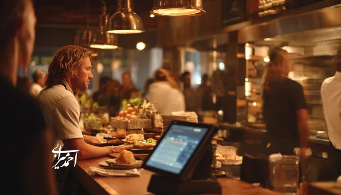 پیشخوان یک رستوران شلوغ که کارکنان و مشتریان در حال تعامل‌اند؛ نشان‌دهنده نیاز کسب‌وکارهای غذایی به تعیین ستاره شمالی فروش (NSP) برای افزایش سود و بهینه‌سازی مسیر فروش.