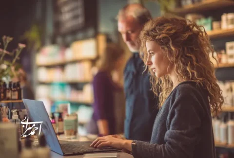 مدیر یک فروشگاه آرایشی که پشت لپ‌تاپ در حال تحلیل داده‌های فروش است؛ نمونه‌ای از استفاده از ستاره شمالی فروش (NSP) برای برنامه‌ریزی خرید، انبار و بهبود تجربه مشتری.