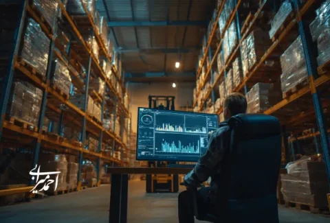 کارشناس لجستیک که میان قفسه‌های انبار، نمودارهای عملکرد و موجودی کالا را بررسی می‌کند؛ نمایش اهمیت ستاره شمالی فروش (NSP) در مدیریت زنجیره تأمین و پیش‌بینی تقاضا.