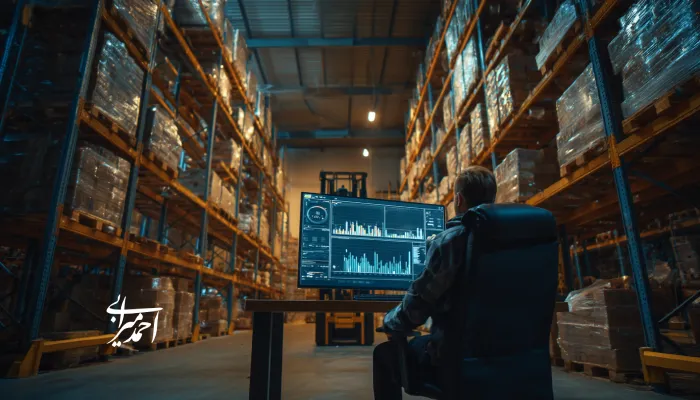کارشناس لجستیک که میان قفسه‌های انبار، نمودارهای عملکرد و موجودی کالا را بررسی می‌کند؛ نمایش اهمیت ستاره شمالی فروش (NSP) در مدیریت زنجیره تأمین و پیش‌بینی تقاضا.