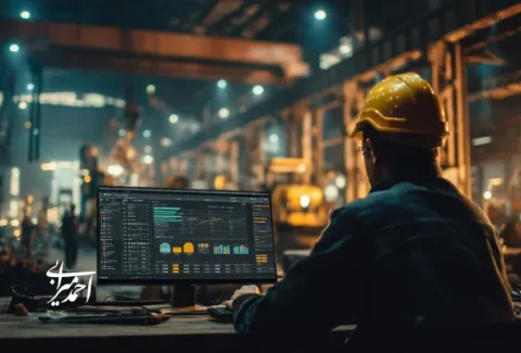 کارشناس تولید در یک کارخانه صنعتی که داشبوردهای تحلیلی فروش و عملیات را بررسی می‌کند؛ اهمیت ستاره شمالی فروش (NSP) در مدیریت بهره‌وری و برنامه‌ریزی تولید.