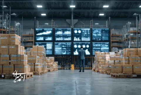 مدیری که در انبار بزرگ میان نمایشگرهای داده ایستاده و عملکرد کالاها را رصد می‌کند؛ به‌کارگیری ستاره شمالی فروش (NSP) در مدیریت موجودی و پیش‌بینی تقاضا.