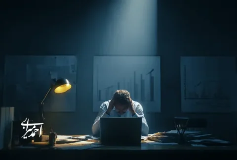 مدیر کسب‌وکار که زیر فشار تصمیم‌گیری‌های مهم، به نمودارهای فروش نگاه می‌کند؛ نشان‌دهنده نبود ستاره شمالی فروش (NSP) و سردرگمی در انتخاب اولویت‌های رشد.