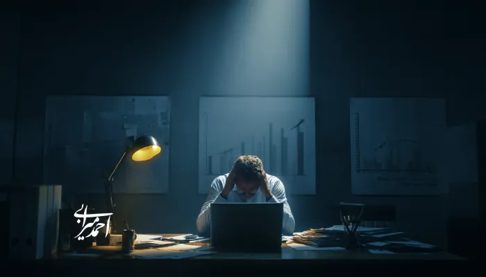 مدیر کسب‌وکار که زیر فشار تصمیم‌گیری‌های مهم، به نمودارهای فروش نگاه می‌کند؛ نشان‌دهنده نبود ستاره شمالی فروش (NSP) و سردرگمی در انتخاب اولویت‌های رشد.