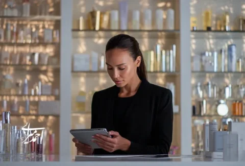 مدیر یک فروشگاه آرایشی که با تبلت در حال تحلیل فروش است؛ نمونه‌ای از به‌کارگیری ستاره شمالی فروش (NSP) برای تصمیم‌گیری دقیق در خرید و چیدمان محصولات زیبایی.