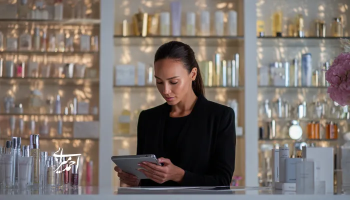 مدیر یک فروشگاه آرایشی که با تبلت در حال تحلیل فروش است؛ نمونه‌ای از به‌کارگیری ستاره شمالی فروش (NSP) برای تصمیم‌گیری دقیق در خرید و چیدمان محصولات زیبایی.