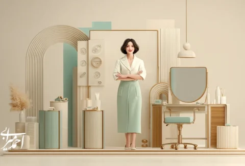 تصویر مفهومی توسعه شخصی در صنعت زیبایی؛ متخصص زیبایی در کنار بورد استراتژی با محورهای جایگاه‌سازی، محتوا، تجربه مشتری و هوش مصنوعی