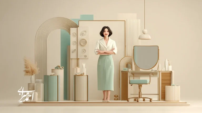 تصویر مفهومی توسعه شخصی در صنعت زیبایی؛ متخصص زیبایی در کنار بورد استراتژی با محورهای جایگاه‌سازی، محتوا، تجربه مشتری و هوش مصنوعی