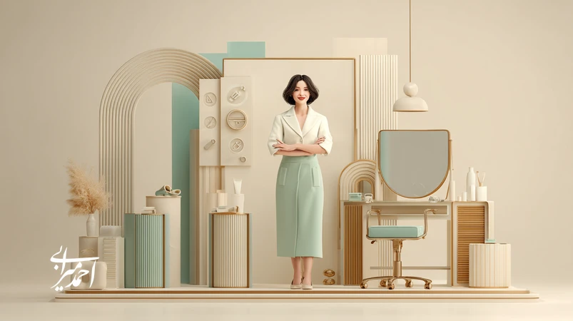 تصویر مفهومی توسعه شخصی در صنعت زیبایی؛ متخصص زیبایی در کنار بورد استراتژی با محورهای جایگاهسازی، محتوا، تجربه مشتری و هوش مصنوعی