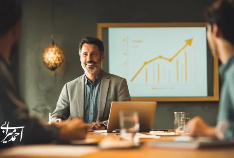 مشاور املاک حرفه‌ای در دفتر مدرن در حال مشاوره با مشتریان، نماد رشد فردی، افزایش فروش و اعتبار برند در بازار املاک ایران