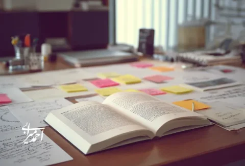 تصویر یک کتاب روی میز مدیریتی در یک شرکت مردن به همراه کلی ایده و نوشته در مورد توسعه کسب و کار و برند اتاق