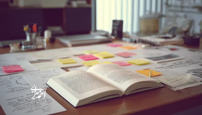 تصویر یک کتاب روی میز مدیریتی در یک شرکت مردن به همراه کلی ایده و نوشته در مورد توسعه کسب و کار و برند اتاق