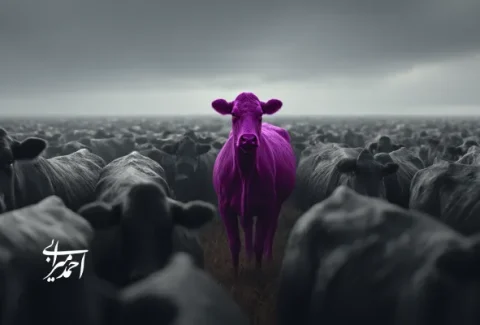 گاو بنفش در میان گله‌ای از گاوهای خاکستری زیر آسمان ابری؛ تصویر استعاری از تمایز برند و مفهوم کتاب «گاو بنفش» ست گادین.