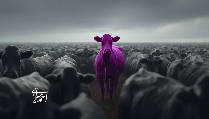 گاو بنفش در میان گلهای از گاوهای خاکستری زیر آسمان ابری؛ تصویر استعاری از تمایز برند و مفهوم کتاب «گاو بنفش» ست گادین.