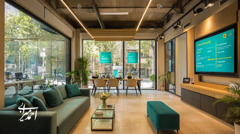 تصویر رهبری برند در املاک: مدیرعامل و مدیر فروش در حال هم‌صداسازی تیم فروش با فرهنگ مشتری‌محور، نمایش NPS و زمان پاسخگویی و منشور لحن یکپارچه.