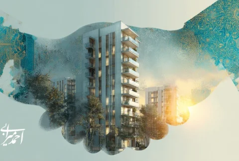 تصویر مفهومی برندسازی املاک در ایران با تمرکز بر هویت محلی تا برند ملی؛ ساختمان مدرن، نقشه ایران و تعامل انسانی برای اعتمادسازی برند