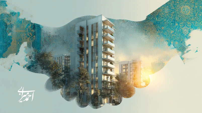 تصویر مفهومی برندسازی املاک در ایران با تمرکز بر هویت محلی تا برند ملی؛ ساختمان مدرن، نقشه ایران و تعامل انسانی برای اعتمادسازی برند