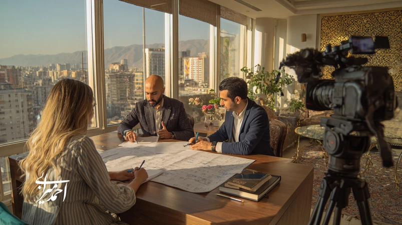 تصویر بازاریابی ویدیویی در املاک ایران؛ پشتصحنه دفتر املاک، فیلمبرداری از ارائه فایل، نمایش قرارداد و اعتمادسازی با مشتریان