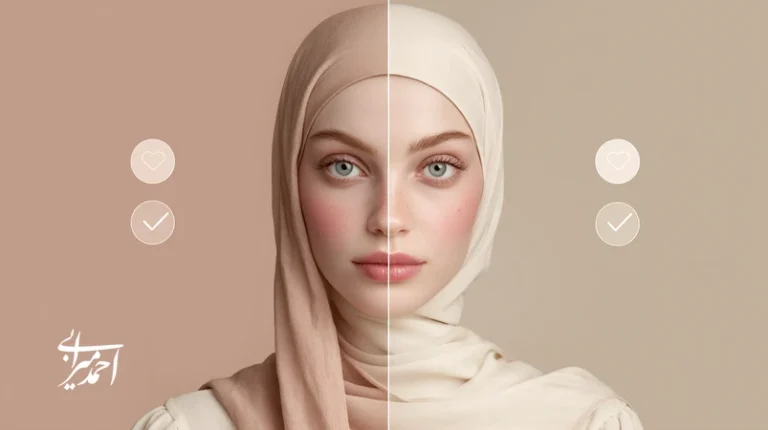 تصویر مفهومی بازاریابی واقع‌گرایانه در صنعت زیبایی: مقایسه چهره فیلترشده با پوست طبیعی برای تأکید بر شفافیت در تبلیغات و اعتماد مشتری
