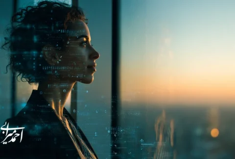 مدیر ایرانی در حال خودآگاهی و تصمیم‌گیری هوشمند؛ انعکاس چهره با نمودارهای تصمیم و حس تمرکز در فضای اداری حرفه‌ای