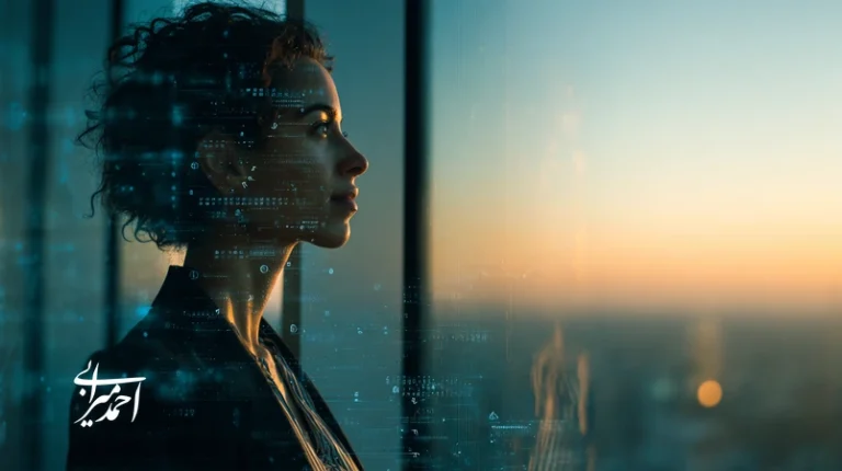 مدیر ایرانی در حال خودآگاهی و تصمیم‌گیری هوشمند؛ انعکاس چهره با نمودارهای تصمیم و حس تمرکز در فضای اداری حرفه‌ای