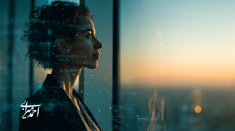 مدیر ایرانی در حال خودآگاهی و تصمیم‌گیری هوشمند؛ انعکاس چهره با نمودارهای تصمیم و حس تمرکز در فضای اداری حرفه‌ای