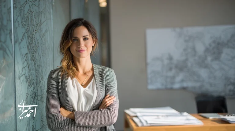 مشاور املاک در دفتر مدرن در حال ترسیم نقشه خودشناسی برای برندسازی شخصی مشاوران املاک و تعریف امضای رفتاری و پیشنهاد ارزش شخصی