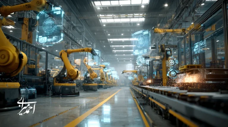 نمایی از کارخانه هوشمند با داده‌های لحظه‌ای، پایش OEE و هشدارهای نگهداشت پیش‌گویانه برای افزایش بهره‌وری و تقویت برند