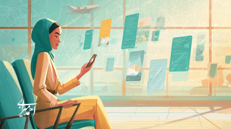 تصویر مفهومی از هوش مصنوعی در گردشگری و شخصی‌سازی تجربه سفر با نمایش توصیه‌های پویا برای هتل، پرواز و جاذبه‌ها بر اساس داده‌های رفتاری