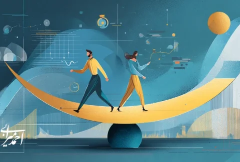 تصویر مفهومی تعادل نوآوری و ریسک در سرمایه‌گذاری استارتاپ‌ها با نمودار رشد، شاخص‌های KPI و همکاری سرمایه‌گذار و تیم در بازار ایران