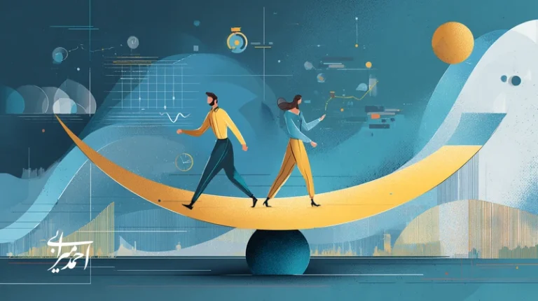 تصویر مفهومی تعادل نوآوری و ریسک در سرمایه‌گذاری استارتاپ‌ها با نمودار رشد، شاخص‌های KPI و همکاری سرمایه‌گذار و تیم در بازار ایران