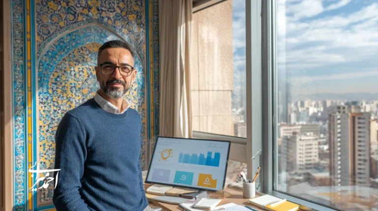 مدیر املاک موفق در دفتر مدرن با نمودارهای عملکرد؛ نماد رشد شخصی، برند شخصی در املاک و نفوذ بازار در ایران