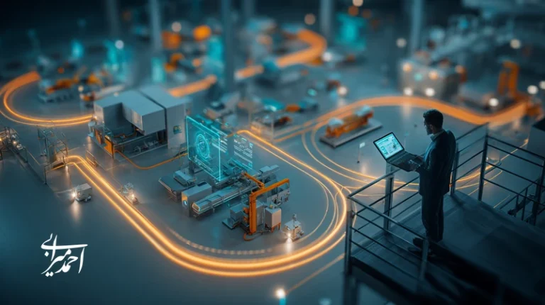 تصویر مفهومی تفکر سیستمی در مدیریت صنعتی؛ کارخانه با حلقه‌های بازخورد و مدیر در حال نظارت برای بهبود برنامه‌ریزی تولید