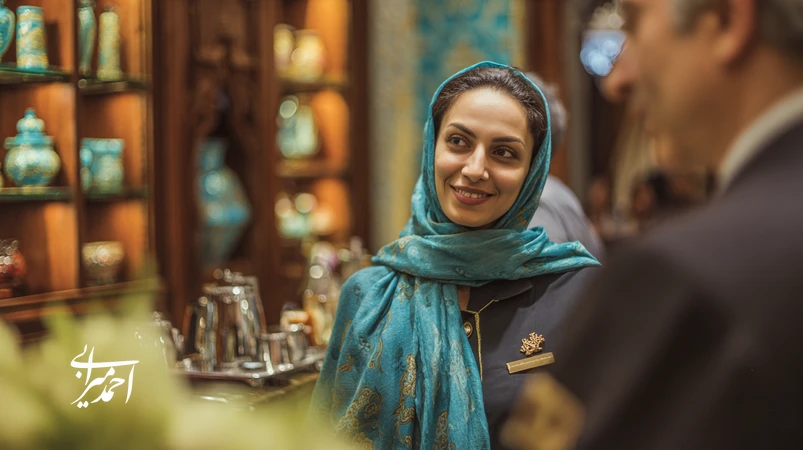 تصویر مدیر گردشگری ایرانی در لابی هتل در حال گفت‌وگو با مهمان و تیم؛ نماد توسعه مهارت‌های ارتباطی و نفوذ برند در صنعت گردشگری