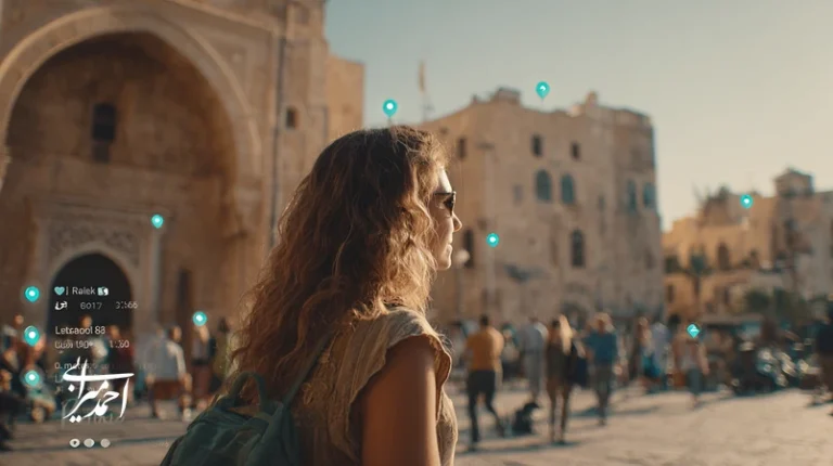 مسافر در حال ثبت تجربه واقعی از یک مقصد گردشگری ایران با نمایش محتوای کاربرمحور، هشتگ مقصد و نشانه‌های اعتماد برای برندسازی مقصد