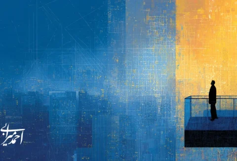 تصویر رهبر ایرانی در حال مشاهده سازمانی در حال تحول، نماد گذار از کنترل به الهام و فرهنگ‌سازی در رهبری تحول‌آفرین