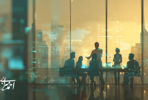 تصویر رهبری تحول‌گرا در املاک با مدیر فروش در حال هدایت تیم و داشبوردهای داده؛ تبدیل تیم فروش به نیروی برند