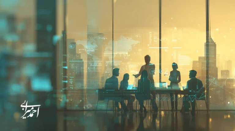 تصویر رهبری تحول‌گرا در املاک با مدیر فروش در حال هدایت تیم و داشبوردهای داده؛ تبدیل تیم فروش به نیروی برند