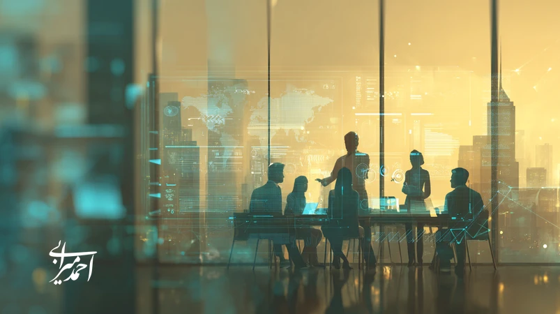 تصویر رهبری تحول‌گرا در املاک با مدیر فروش در حال هدایت تیم و داشبوردهای داده؛ تبدیل تیم فروش به نیروی برند