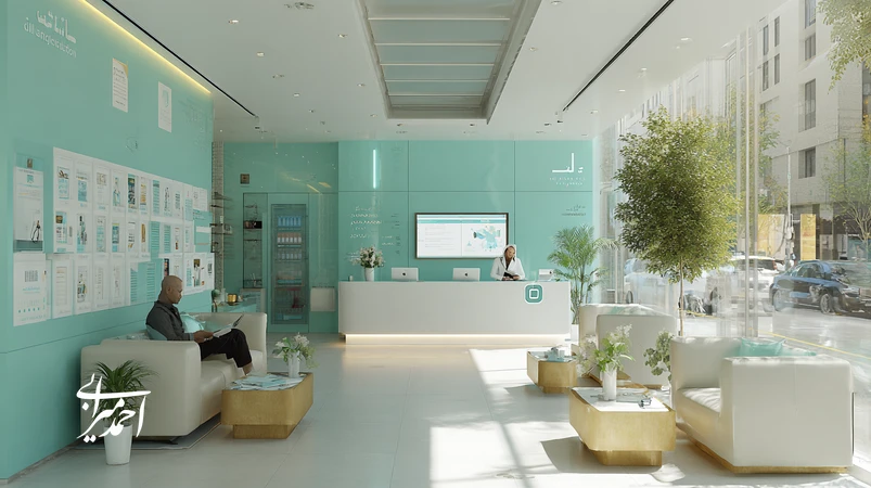 تصویر مفهومی از کلینیک زیبایی معتبر با عناصر اعتمادساز مانند دیوار قبل/بعد استاندارد، تابلو شفافیت قیمت و گفت‌وگوی همدلانه پزشک و بیمار در برندسازی سلامت