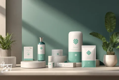 تصویر مفهومی اعتماد در برندهای سلامت و زیبایی با عناصر شفافیت، گواهی‌نامه، امتیاز مشتریان و داشبورد داده برای تقویت برند