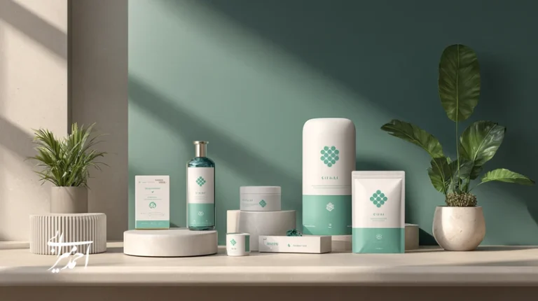 تصویر مفهومی اعتماد در برندهای سلامت و زیبایی با عناصر شفافیت، گواهی‌نامه، امتیاز مشتریان و داشبورد داده برای تقویت برند