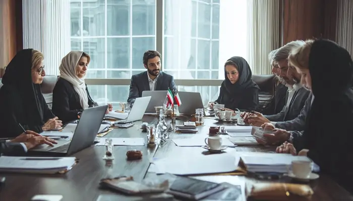 اجتماع عمل لمناقشة تطوير الأعمال في إيران مع حواسيب محمولة وعَلَم إيران على الطاولة