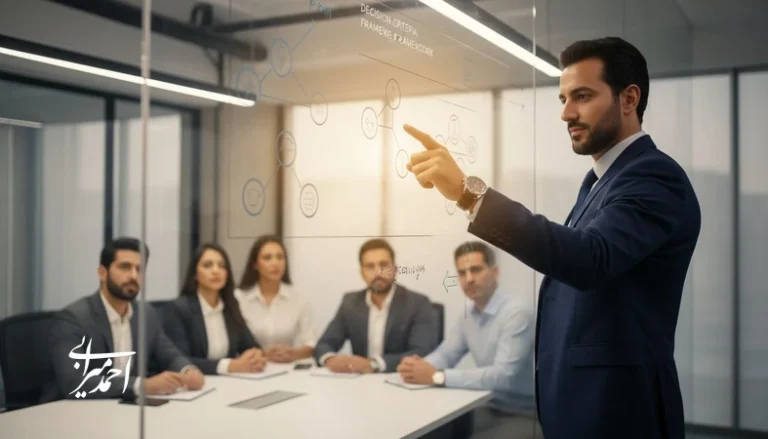 رهبر کسب‌وکار در حال شفاف‌سازی تصمیم‌ها با معیارها، مسئولیت‌ها و برنامه پیگیری برای اجرای مؤثر