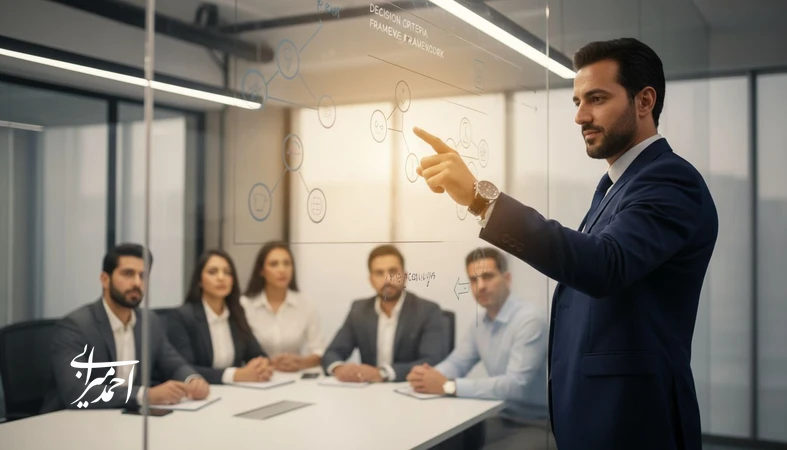 رهبر کسب‌وکار در حال شفاف‌سازی تصمیم‌ها با معیارها، مسئولیت‌ها و برنامه پیگیری برای اجرای مؤثر