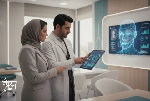 مدیر و پزشک در کلینیک زیبایی در حال بررسی تحلیل های هوش مصنوعی برای تصمیم گیری درباره سرعت و ریسک خدمات
