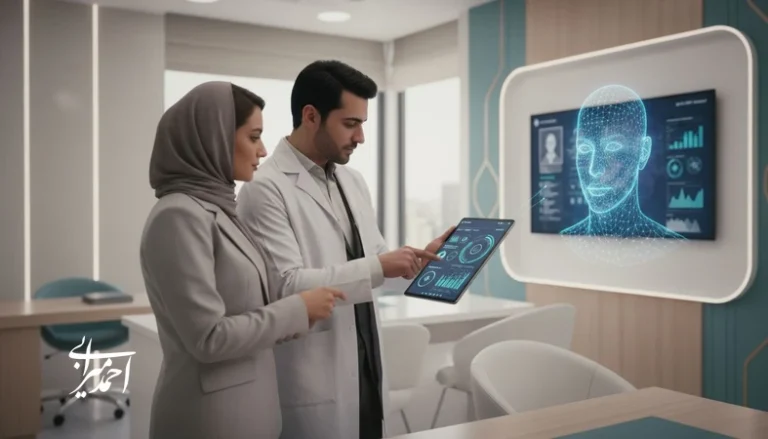 مدیر و پزشک در کلینیک زیبایی در حال بررسی تحلیل های هوش مصنوعی برای تصمیم گیری درباره سرعت و ریسک خدمات