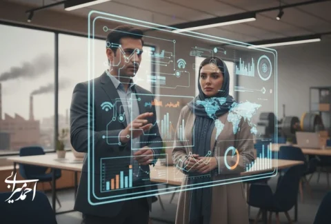 تصویر مفهومی از کاربردهای هوش مصنوعی در کسب‌وکار برای اتوماسیون هوشمند و تصمیم‌سازی مبتنی بر داده در عملیات